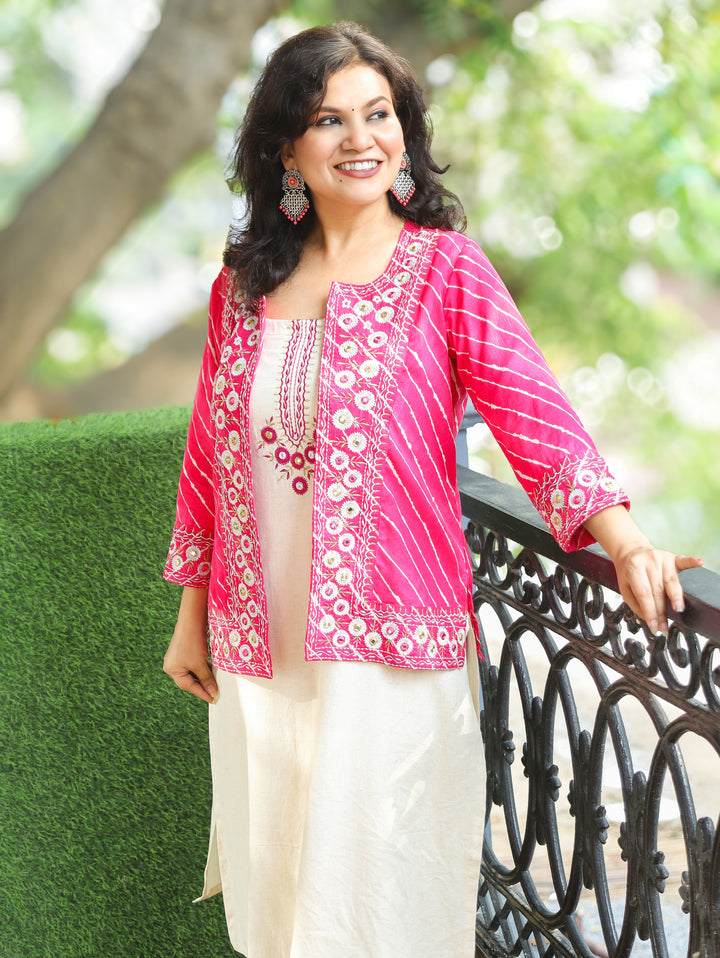 Meher Beige with Pink Leheriya Print Cotton Jacket Set