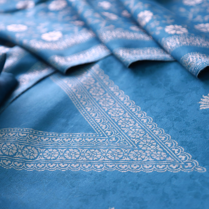 अदिति Cerulean Blue V Neck All Over Zari Weaved in Semi Pashmina Winter Suit Set