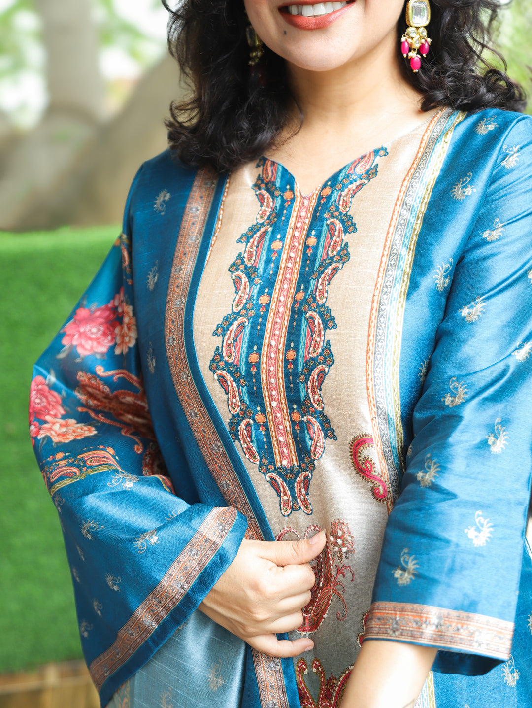 Geet Royal Blue Paisley Panel Printed Raw Silk 3 Piece Set