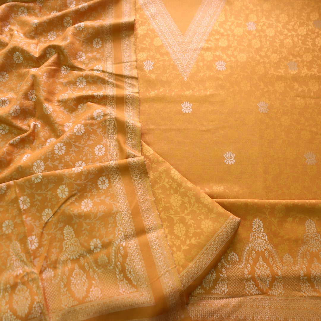 अदिति Dijon Yellow V Neck All Over Zari Weaved in Semi Pashmina Winter Suit Set