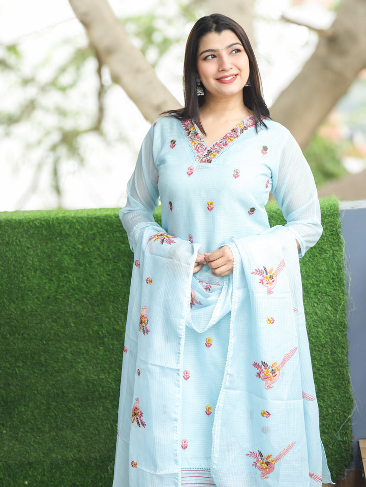 Madhavi Powder Blue All Over Embroidered Work with V Neck Kota Doriya 3 Piece Set