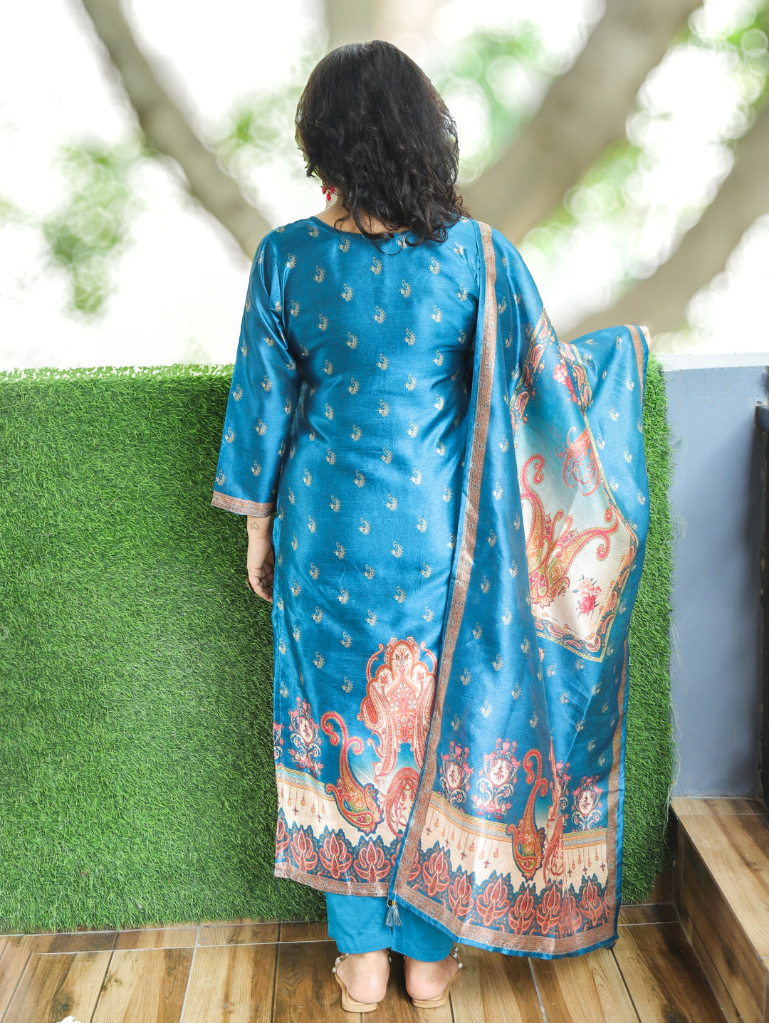 Geet Royal Blue Paisley Panel Printed Raw Silk 3 Piece Set
