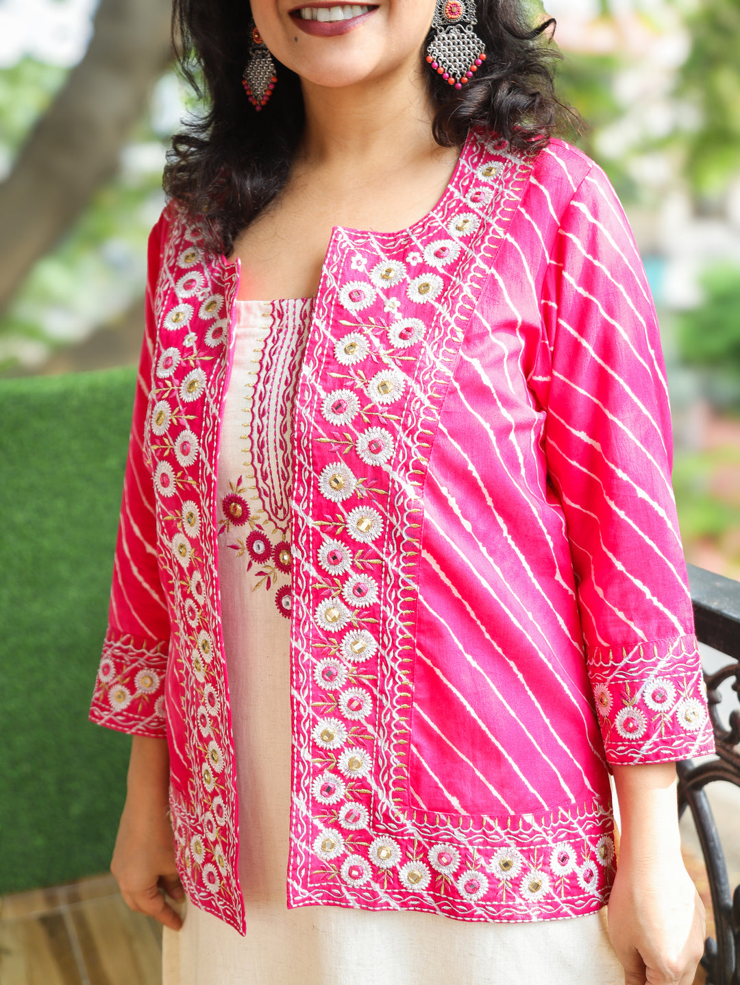 Mishvi Pink Leheriya Printed Embroidered Jacket