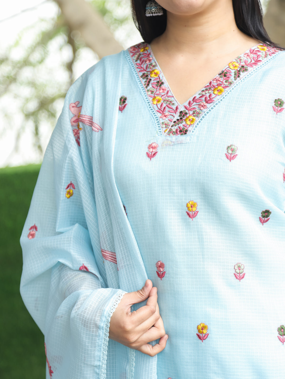 Madhavi Powder Blue All Over Embroidered Work with V Neck Kota Doriya 3 Piece Set