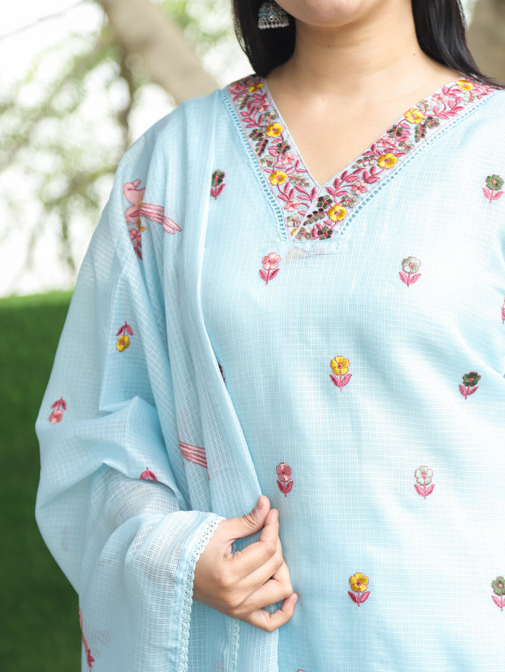 Madhavi Powder Blue All Over Embroidered Work with V Neck Kota Doriya 3 Piece Set