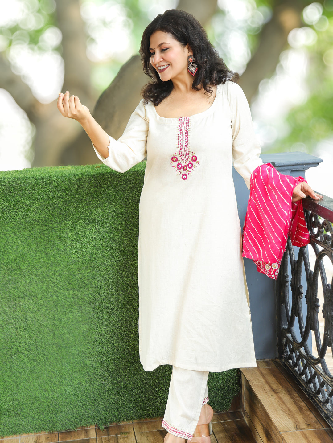 Meher Beige with Pink Leheriya Print Cotton Jacket Set