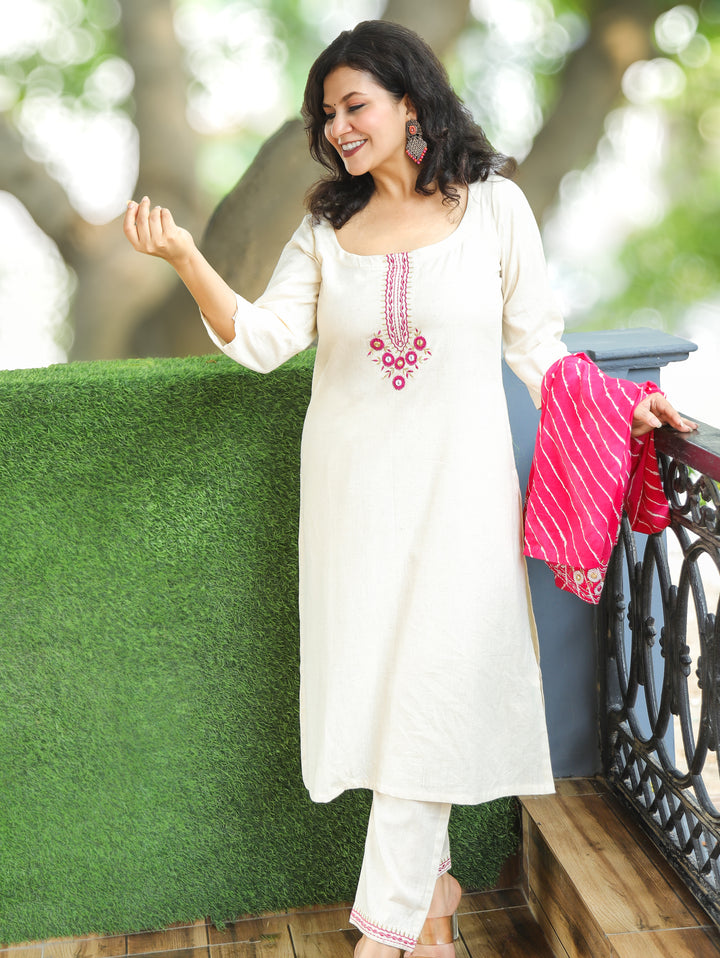 Meher Beige with Pink Leheriya Print Cotton Jacket Set