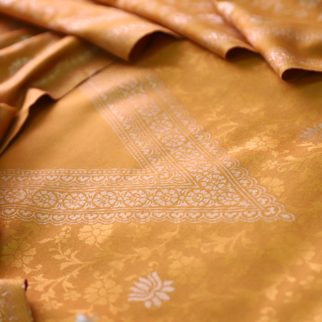 अदिति Dijon Yellow V Neck All Over Zari Weaved in Semi Pashmina Winter Suit Set