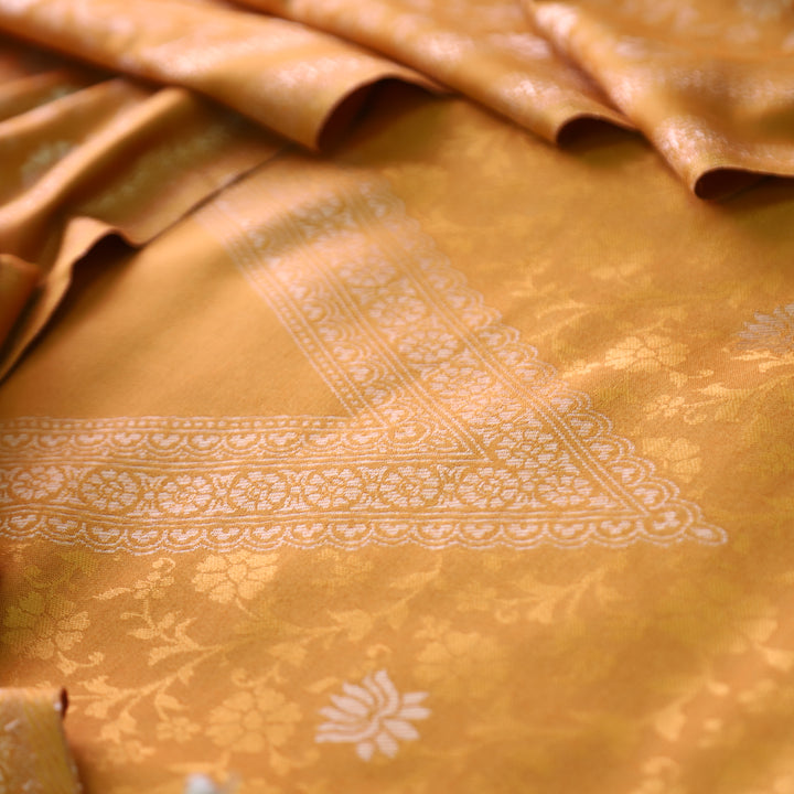 अदिति Dijon Yellow V Neck All Over Zari Weaved in Semi Pashmina Winter Suit Set