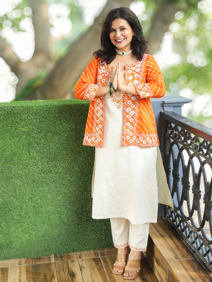 Meher Beige with Orange Leheriya Print Cotton Jacket Set