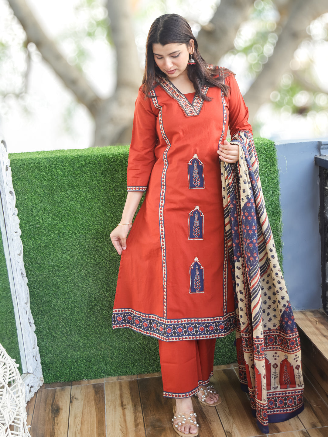 Nancy Cherry Red Mughal Cotton 3 Piece Set