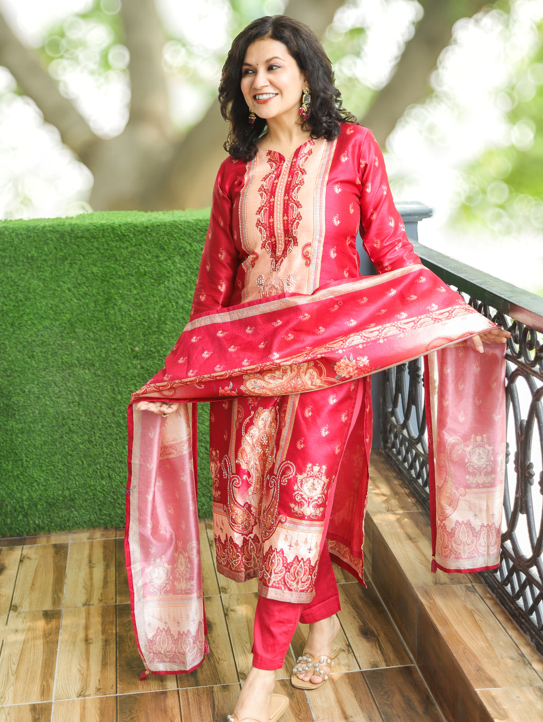 Geet Bride Red Paisley Panel Printed Raw Silk 3 Piece Set