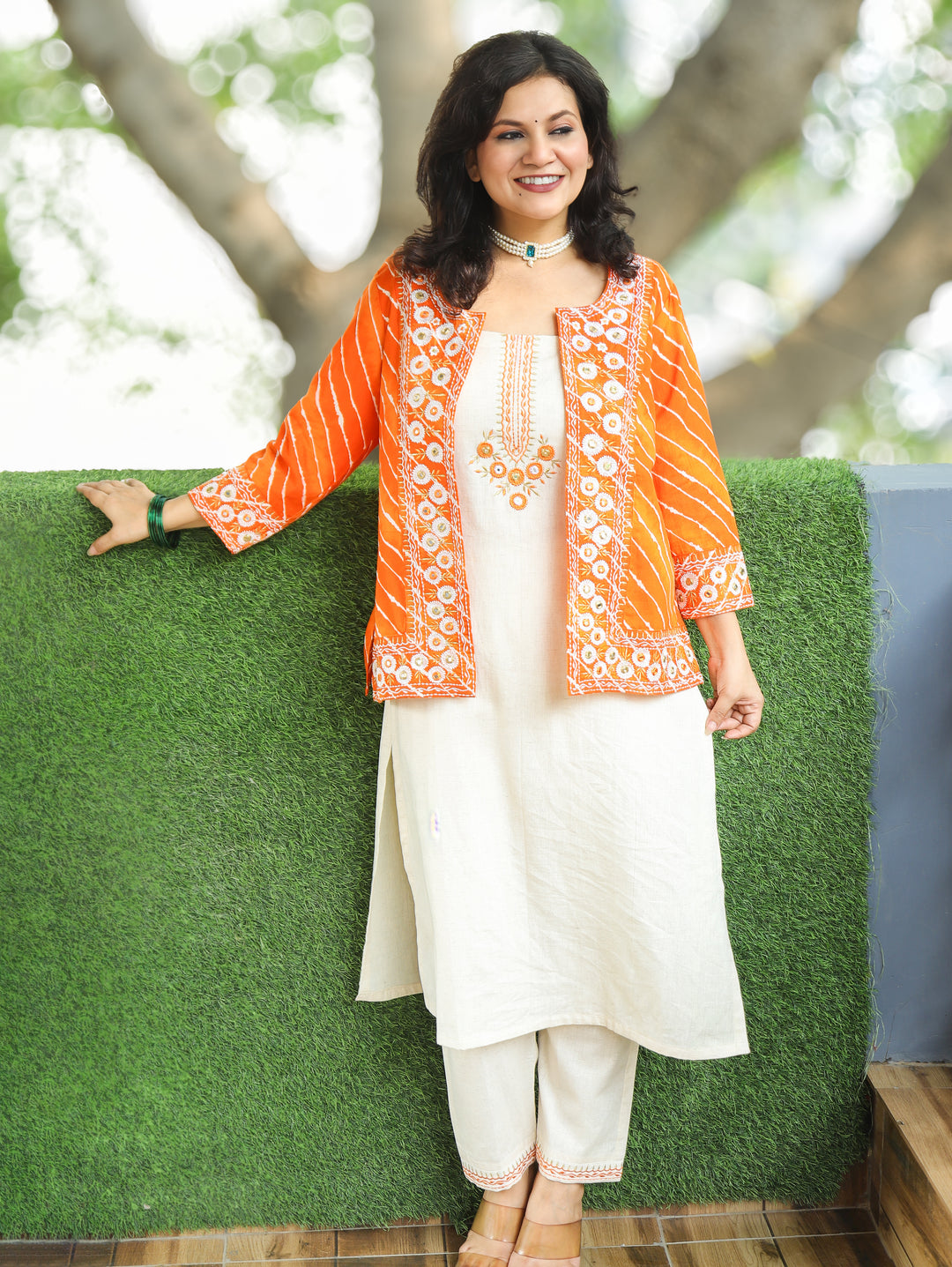Meher Beige with Orange Leheriya Print Cotton Jacket Set