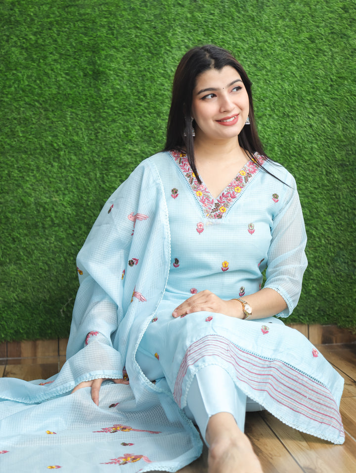Madhavi Powder Blue All Over Embroidered Work with V Neck Kota Doriya 3 Piece Set