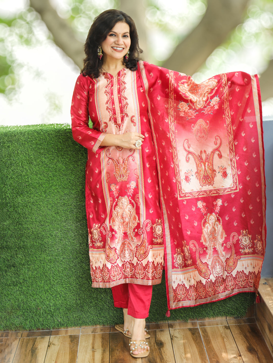 Geet Bride Red Paisley Panel Printed Raw Silk 3 Piece Set