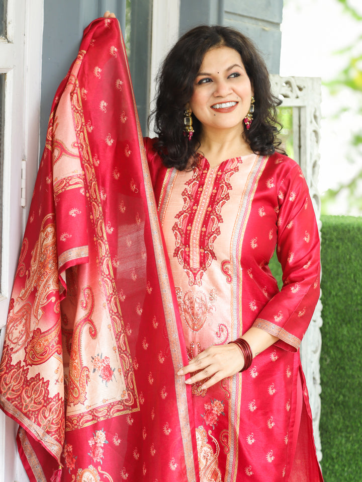 Geet Bride Red Paisley Panel Printed Raw Silk 3 Piece Set