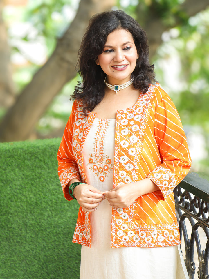 Mishvi Orange Leheriya Printed Embroidered Jacket