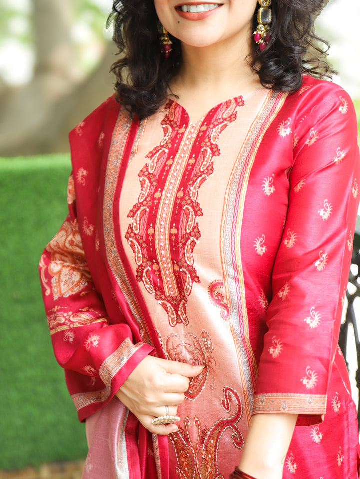 Geet Bride Red Paisley Panel Printed Raw Silk 3 Piece Set