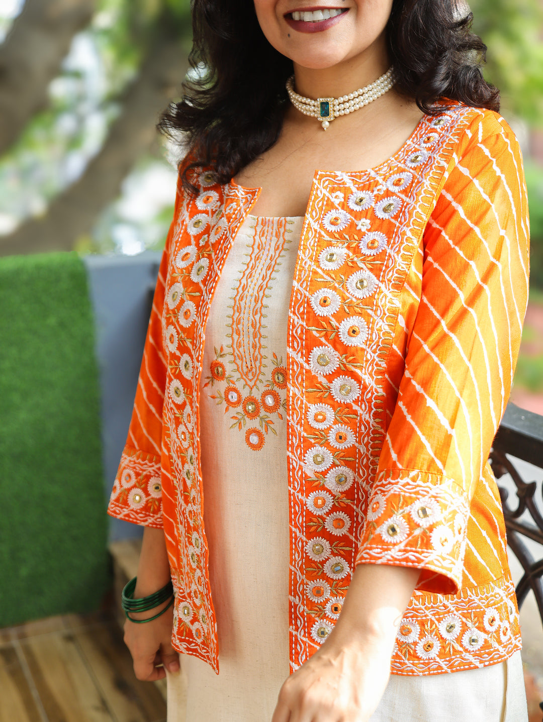 Meher Beige with Orange Leheriya Print Cotton Jacket Set