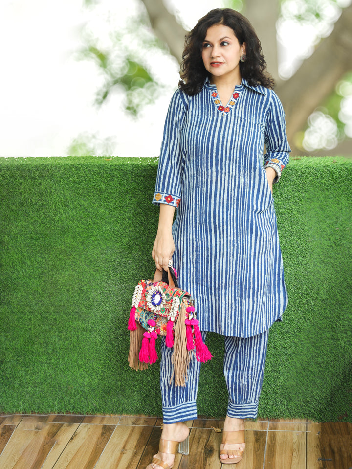 Meeravi Navy Blue Stripe Print Cotton Co-ord Set