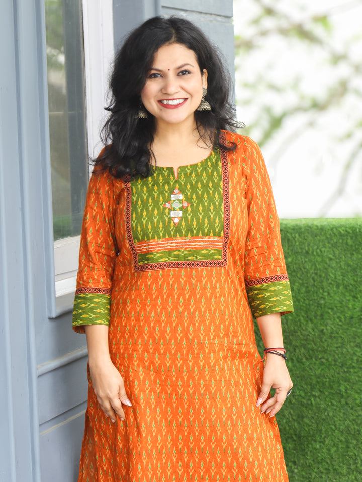 Kesariya Orange with Green Yoke with Mirror Work Ikkat Printed Cotton Kurti
