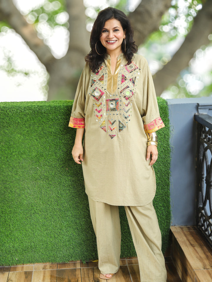 Camila Beige Embroidered Dolman Co-ord Set