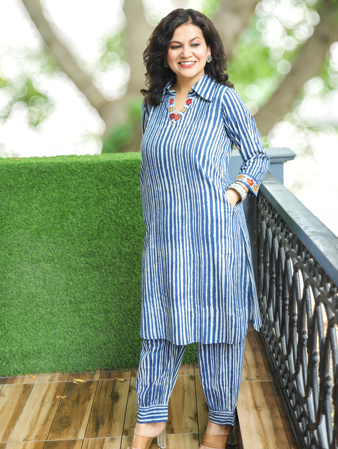 Meeravi Navy Blue Stripe Print Cotton Co-ord Set