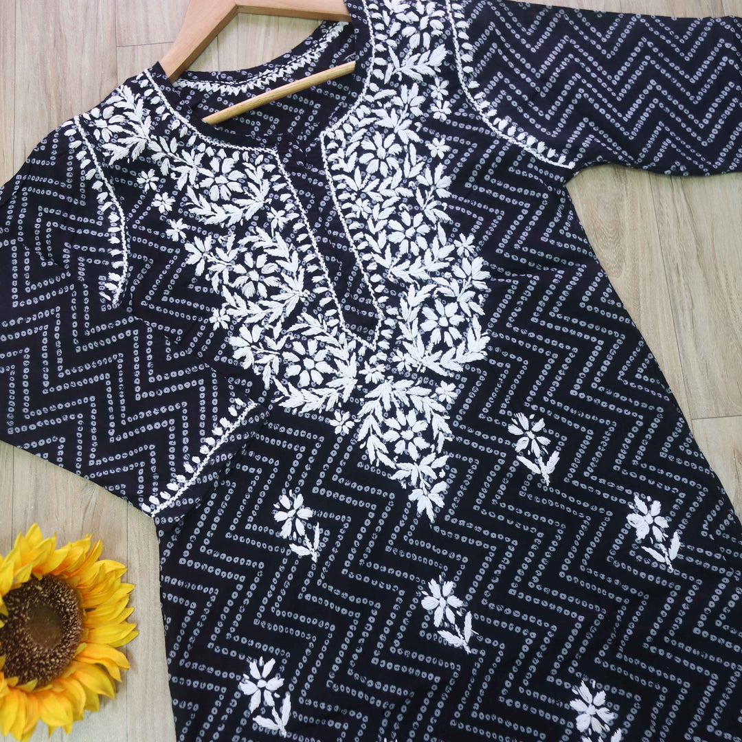Zobiya Black Bandani Printed Chikankari Cotton Kurti