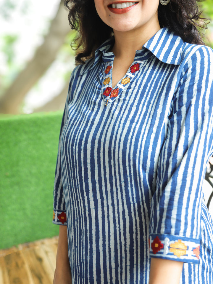 Meeravi Navy Blue Stripe Print Cotton Co-ord Set