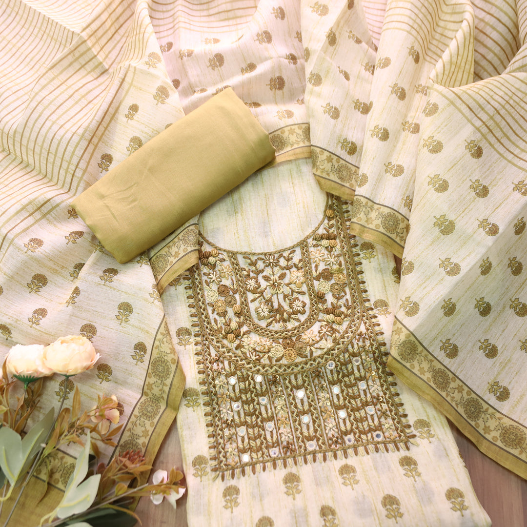 Radhi Olive Yellow Kolkata Emnroidered Shimmer Tissue Linen Set