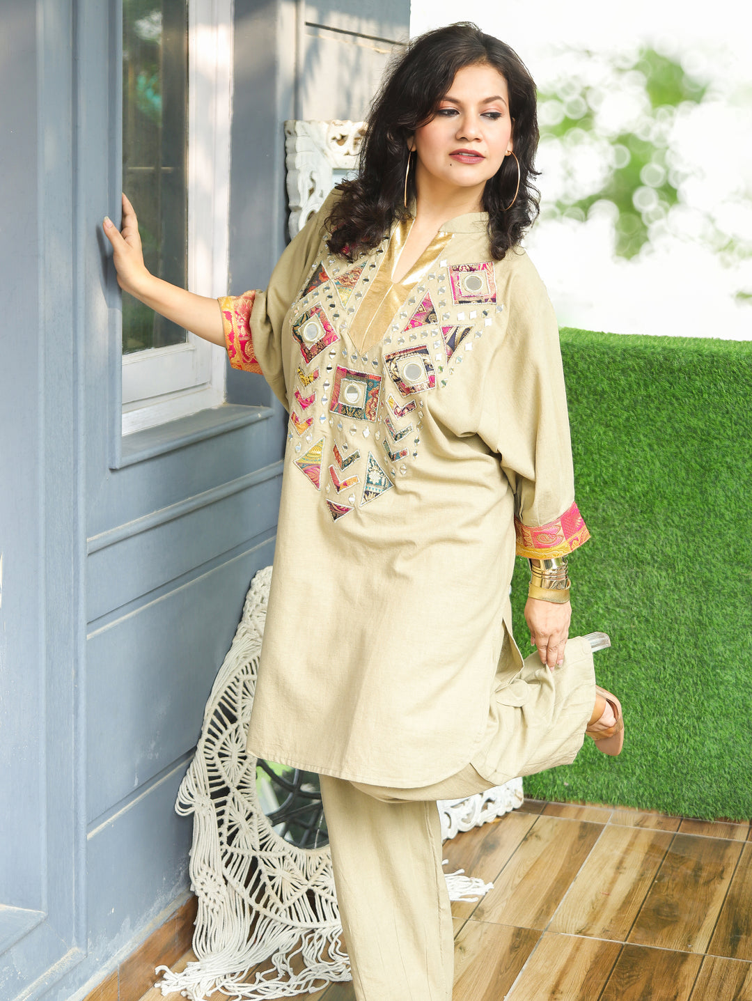 Camila Beige Embroidered Dolman Co-ord Set