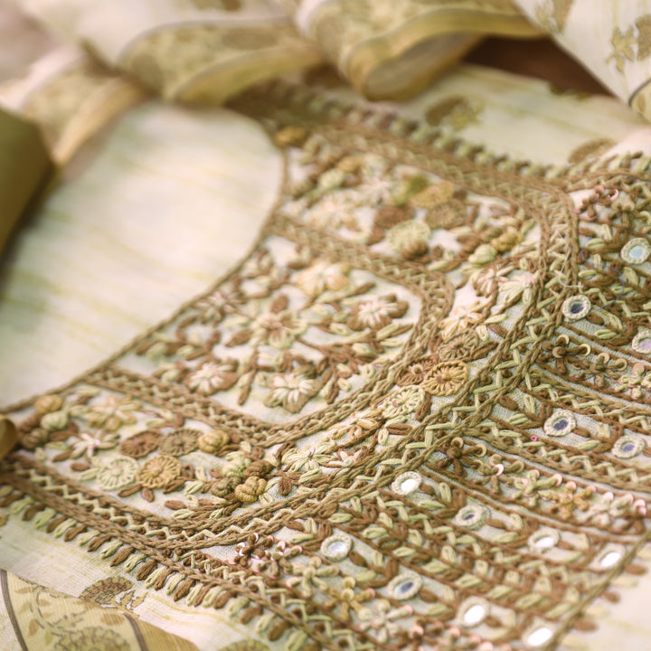 Radhi Olive Yellow Kolkata Emnroidered Shimmer Tissue Linen Set