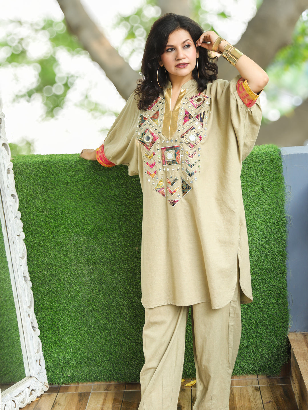 Camila Beige Embroidered Dolman Co-ord Set