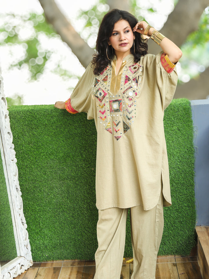 Camila Beige Embroidered Dolman Co-ord Set