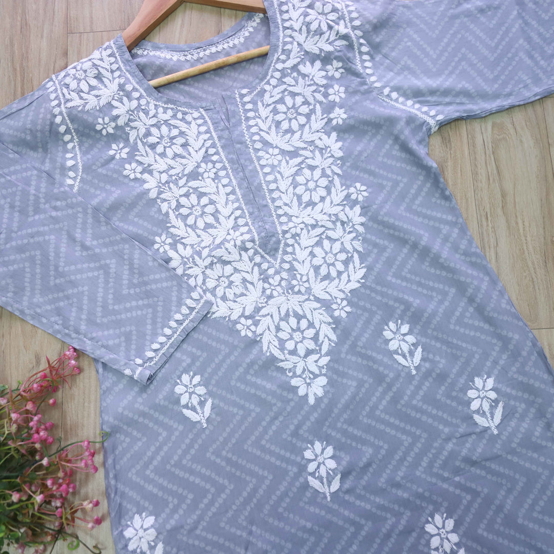 Zobiya Fossil Grey Bandani Printed Chikankari Cotton Kurti