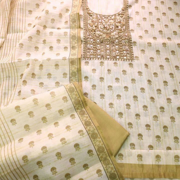 Radhi Olive Yellow Kolkata Emnroidered Shimmer Tissue Linen Set