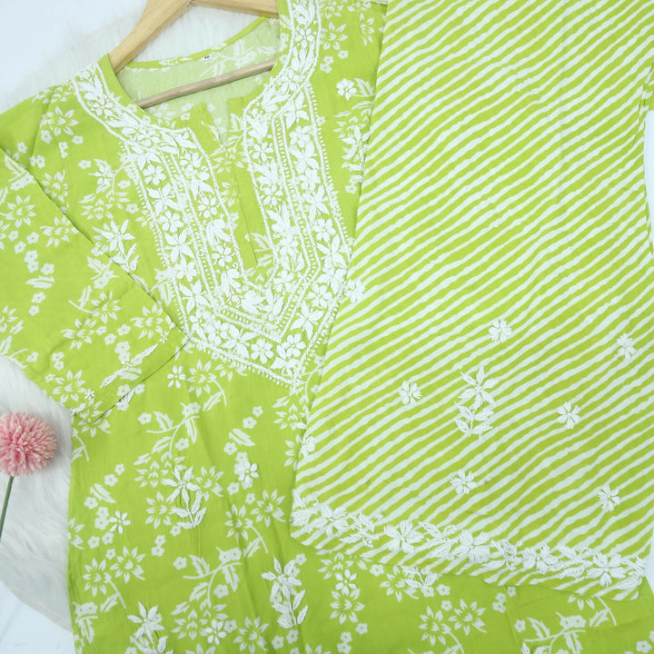 Parrot Green Printed Chikankari Top with Leheriya Printed Palazzo