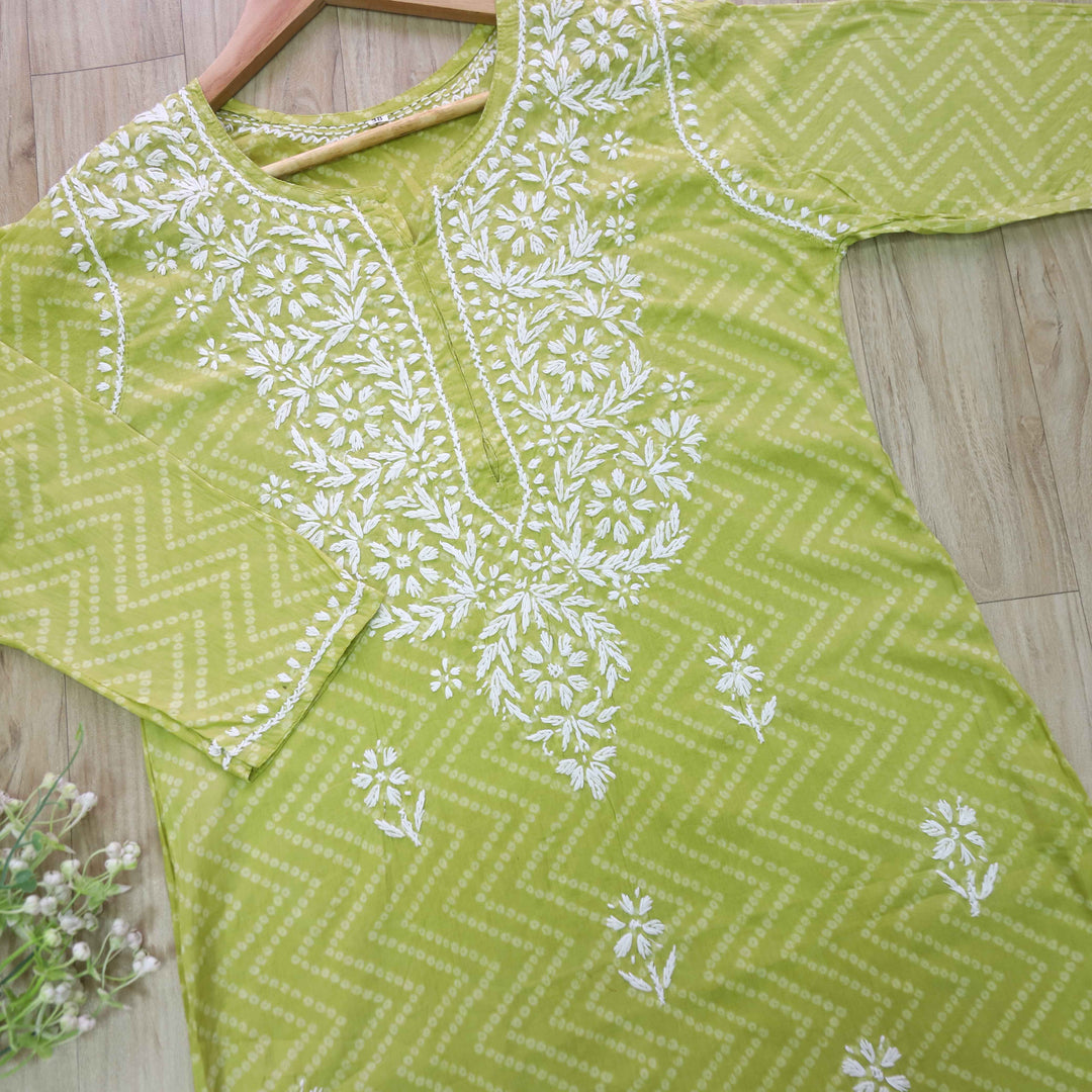 Zobiya Green Bandani Printed Chikankari Cotton Kurti
