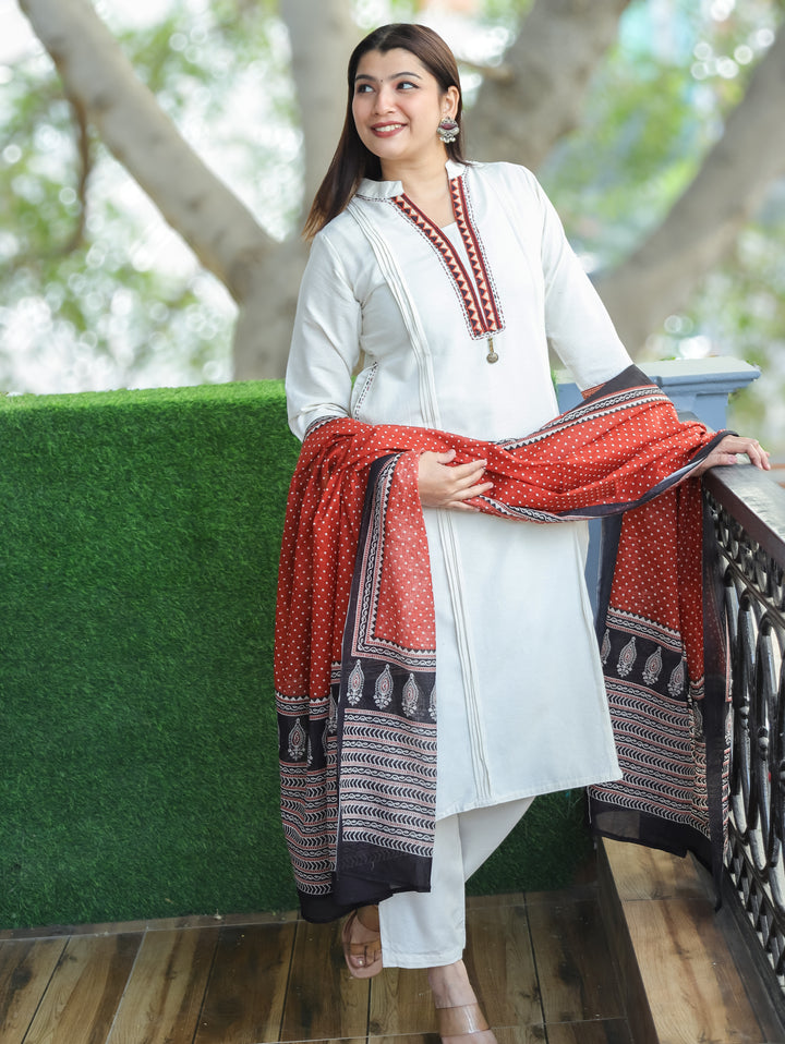 Sharvari Pearl White Ban Collar Embroidered Patch with Coin Hanging Cotton 3 Piece Set