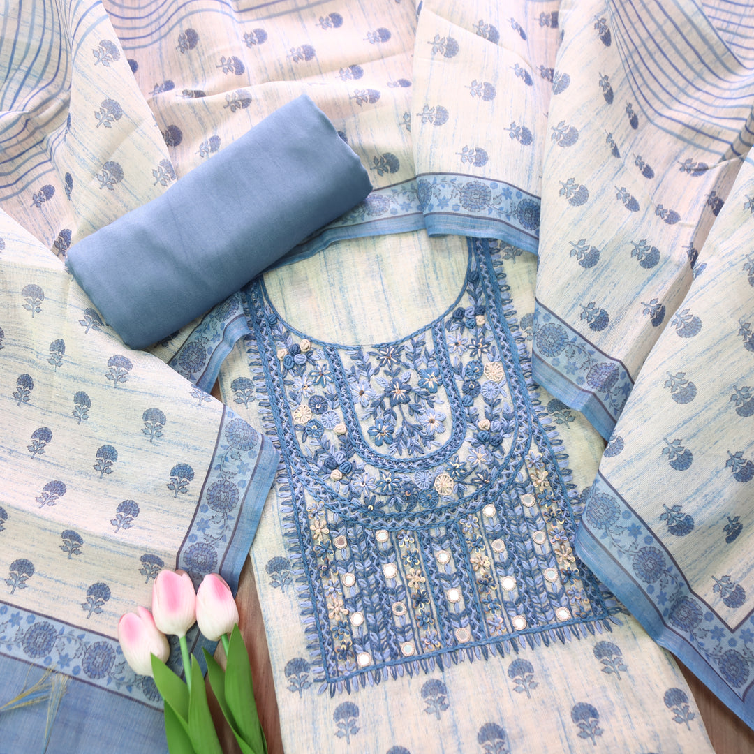 Radhi Greish Blue Kolkata Emnroidered Shimmer Tissue Linen Set