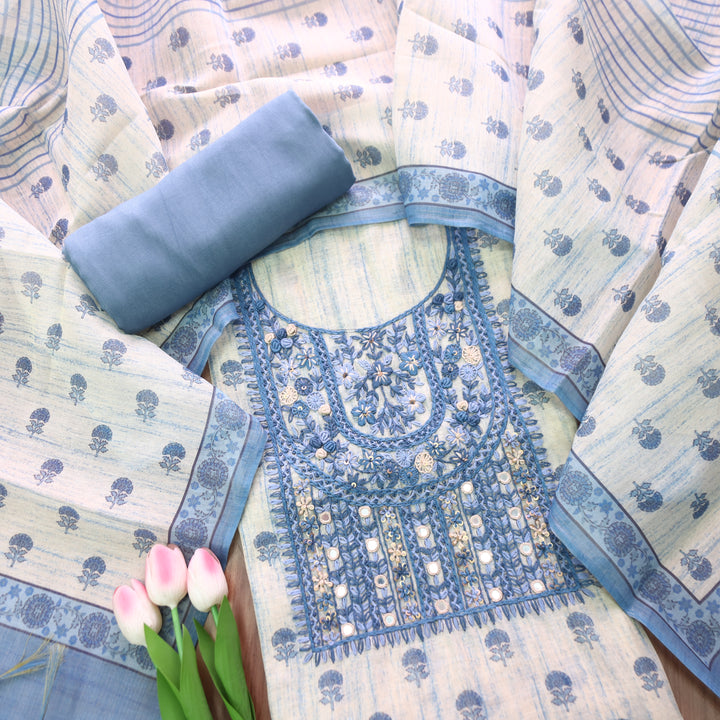 Radhi Greish Blue Kolkata Emnroidered Shimmer Tissue Linen Set