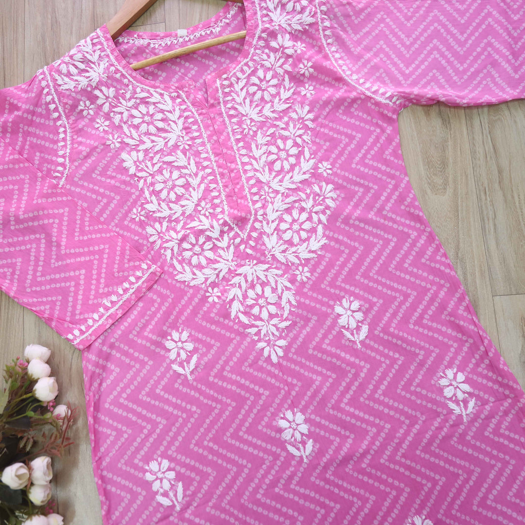 Zobiya Pink Bandani Printed Chikankari Cotton Kurti