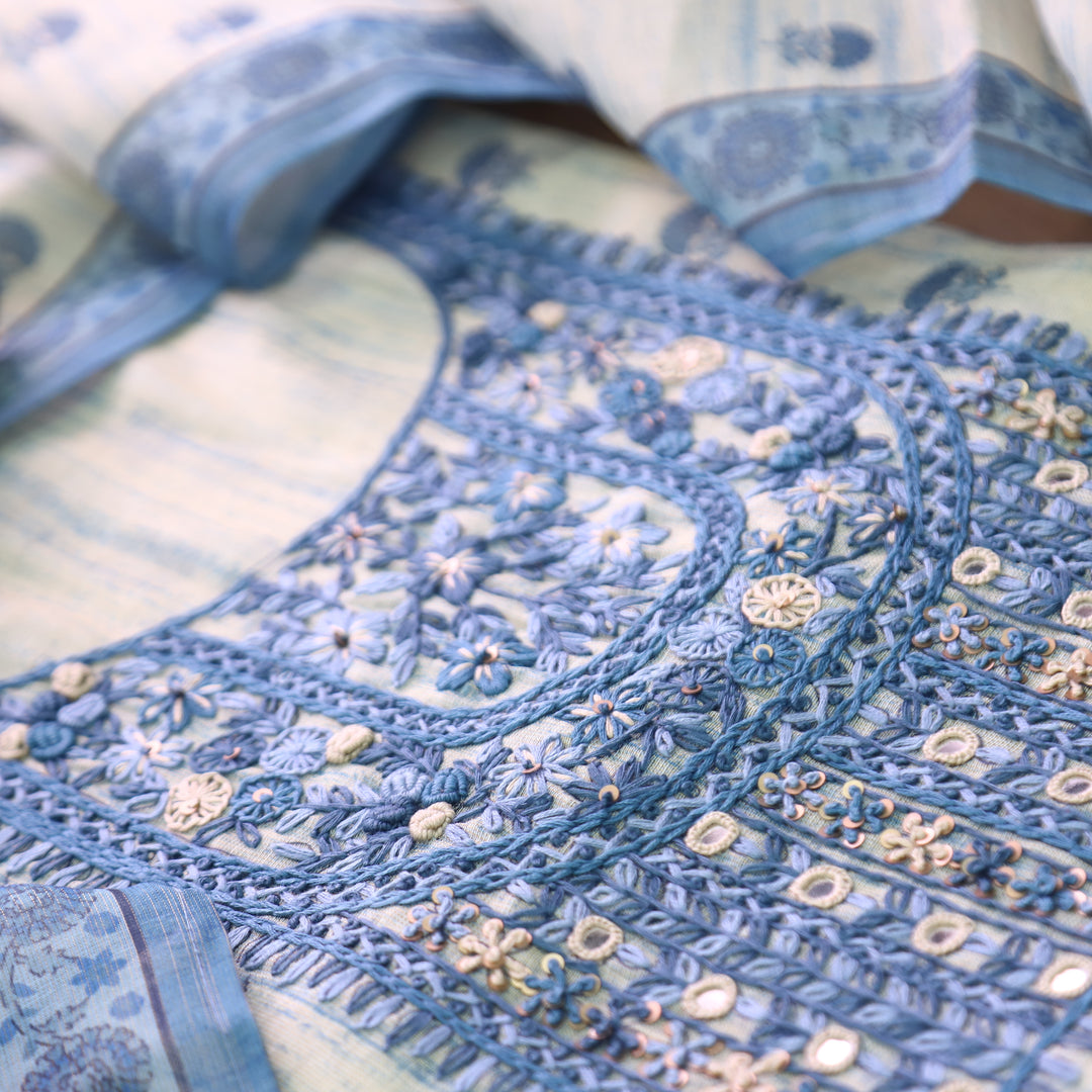 Radhi Greish Blue Kolkata Emnroidered Shimmer Tissue Linen Set