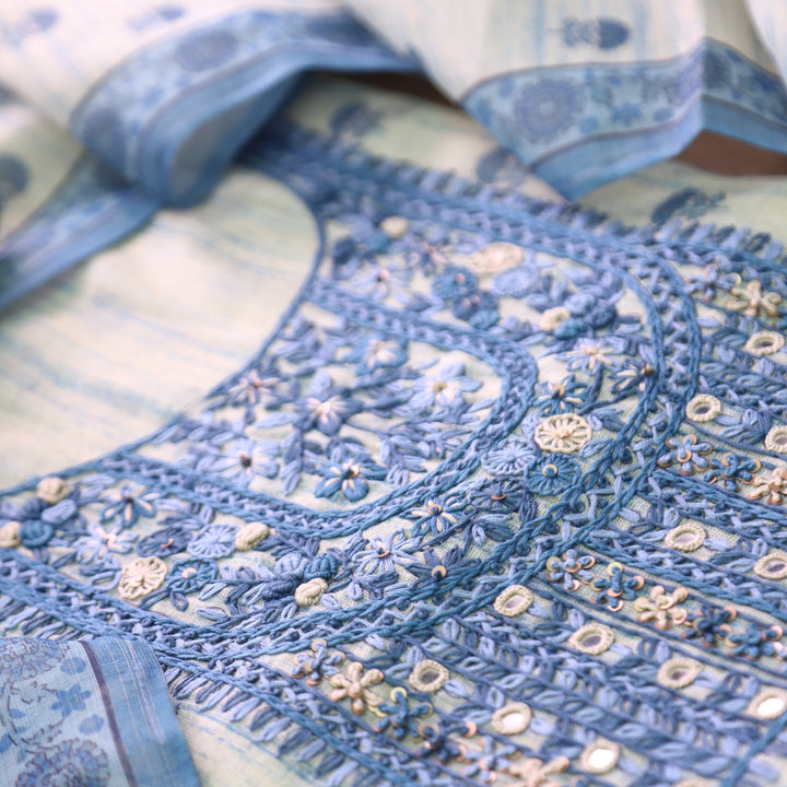 Radhi Greish Blue Kolkata Emnroidered Shimmer Tissue Linen Set