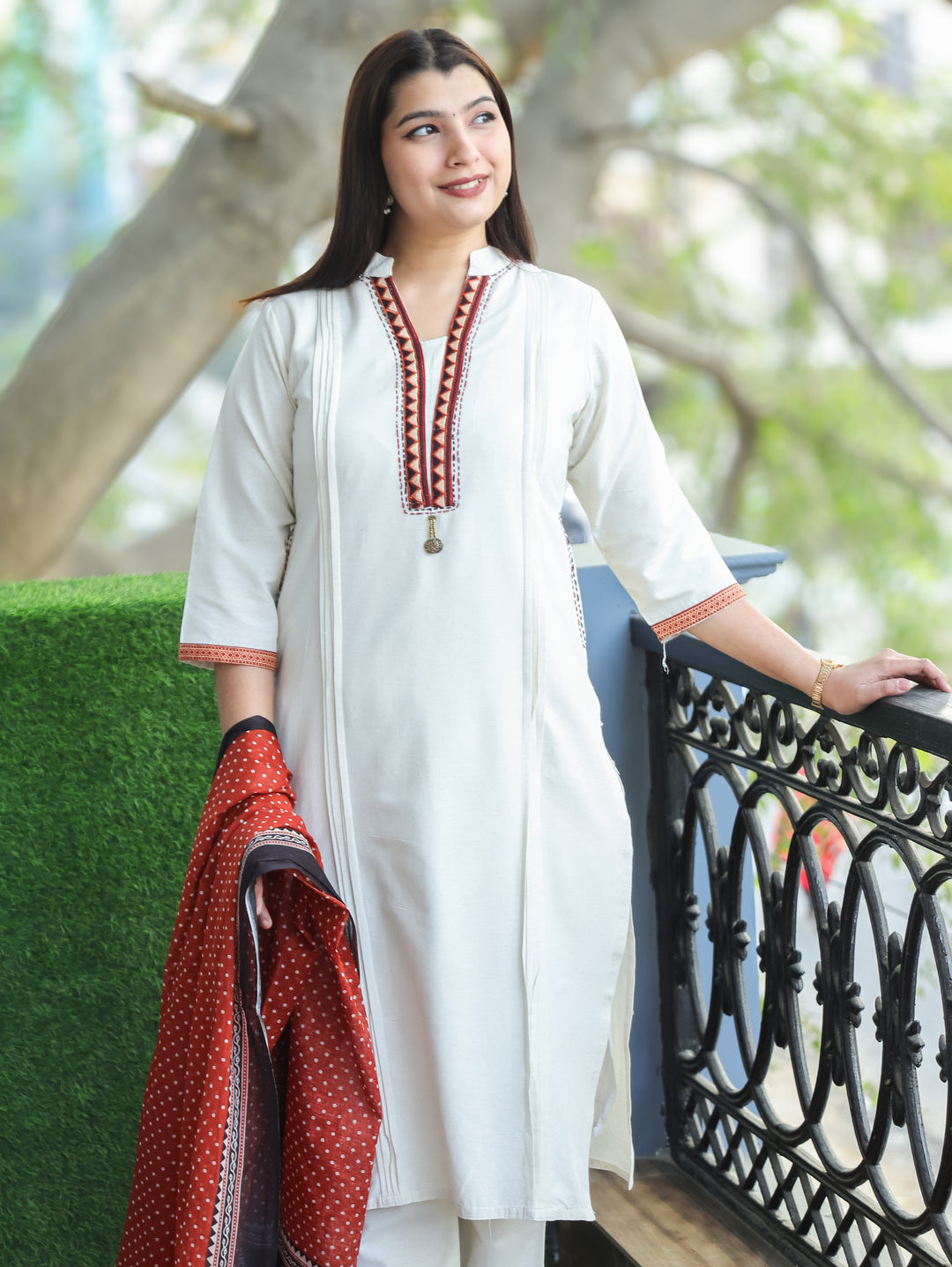 Sharvari Pearl White Ban Collar Embroidered Patch with Coin Hanging Cotton 3 Piece Set