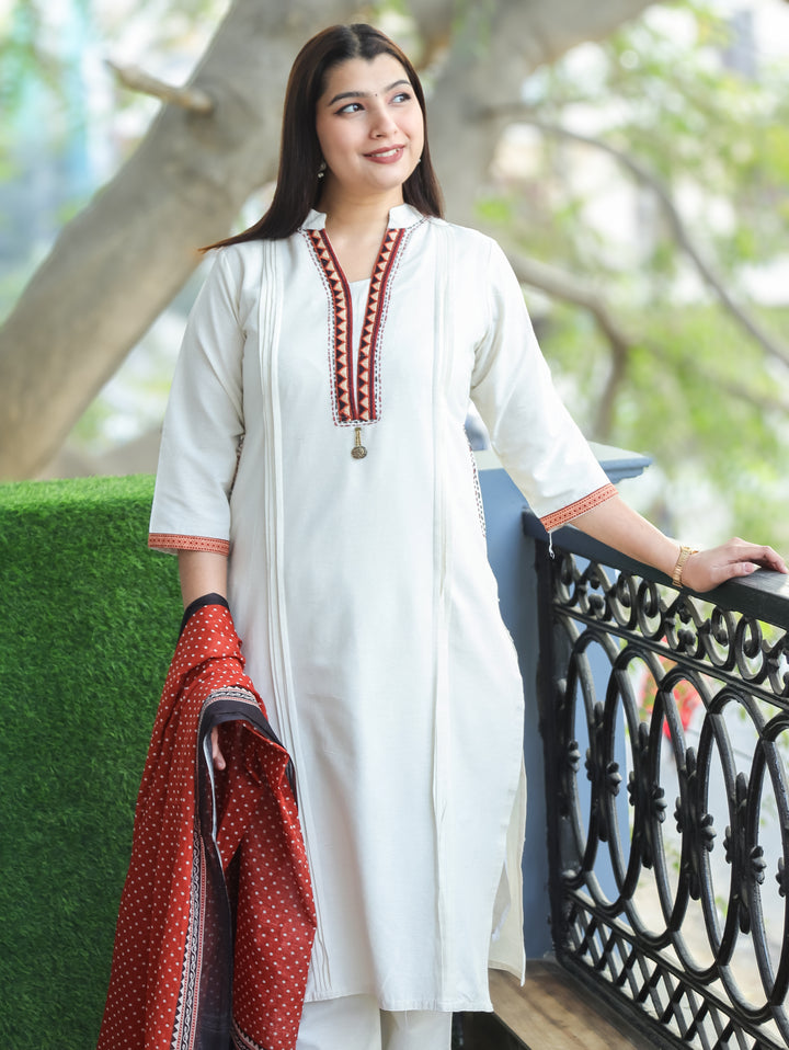 Sharvari Pearl White Ban Collar Embroidered Patch with Coin Hanging Cotton 3 Piece Set