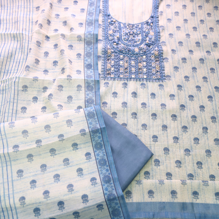 Radhi Greish Blue Kolkata Emnroidered Shimmer Tissue Linen Set