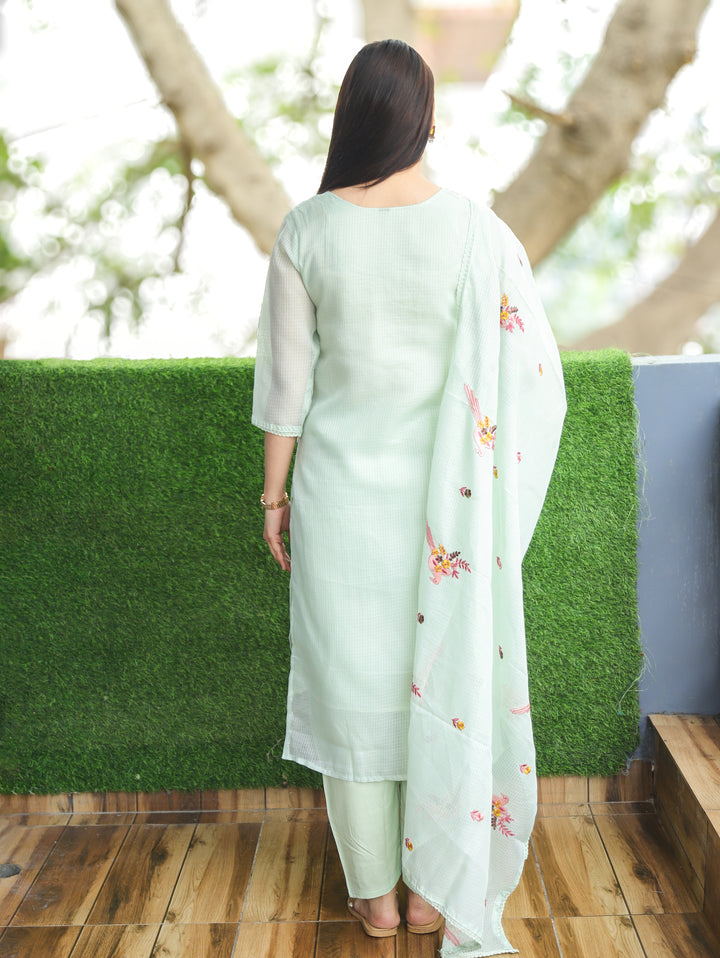 Madhavi Minty Green All Over Embroidered Work with V Neck Kota Doriya 3 Piece Set