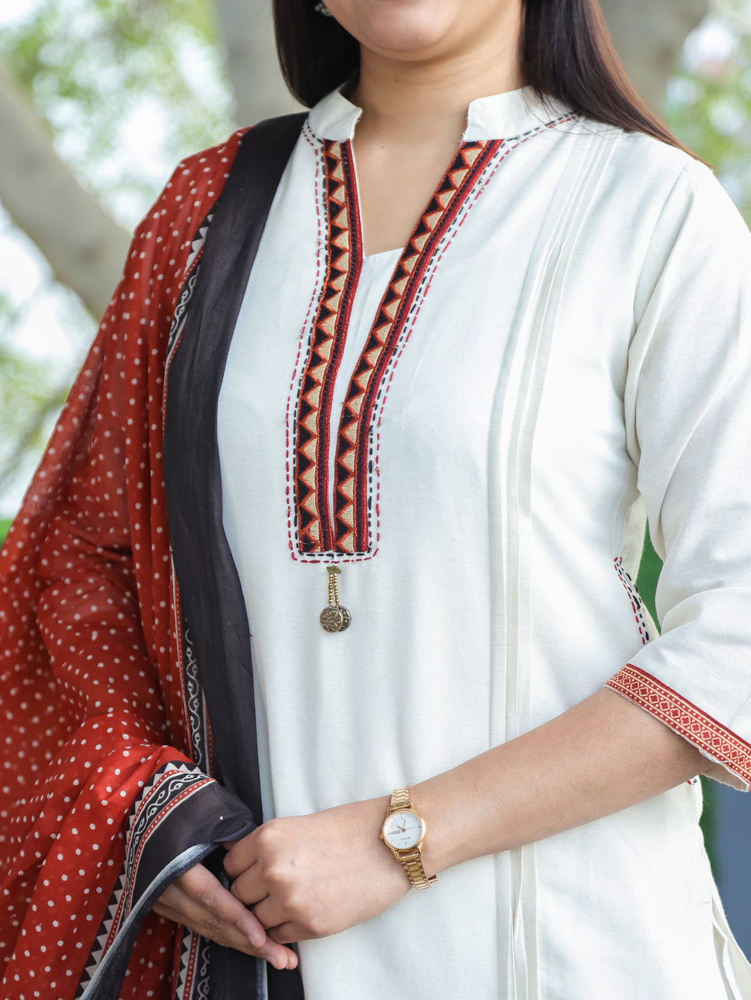 Sharvari Pearl White Ban Collar Embroidered Patch with Coin Hanging Cotton 3 Piece Set