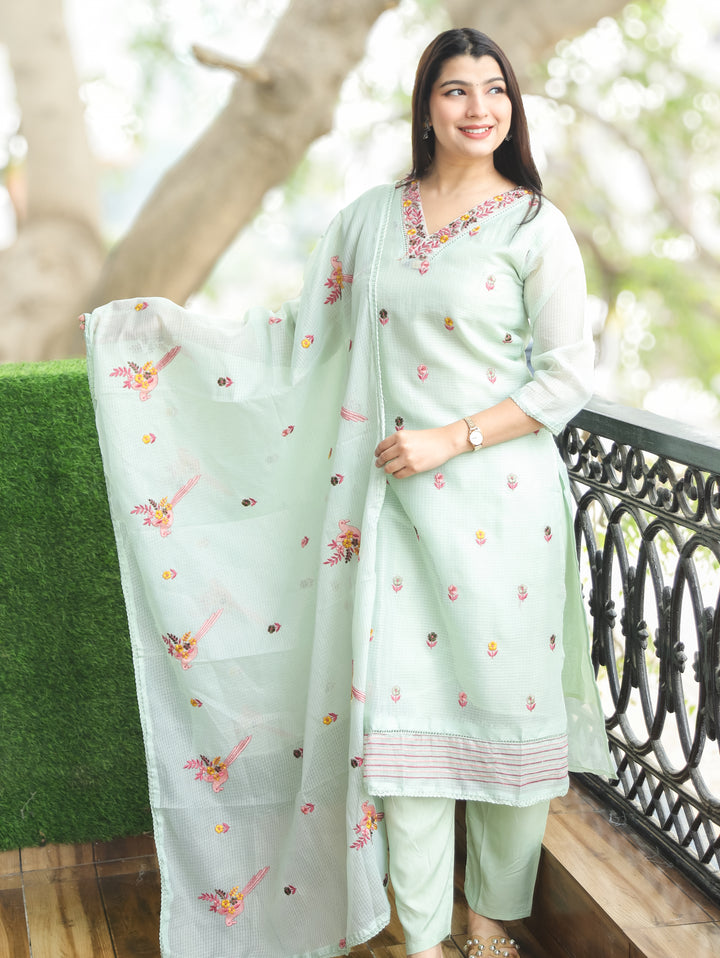 Madhavi Minty Green All Over Embroidered Work with V Neck Kota Doriya 3 Piece Set